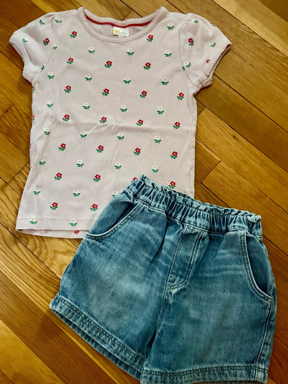 Bundle of Mini Boden 7-8Y Pink Floral Pointelle Shirt & 8Y Denim Shorts